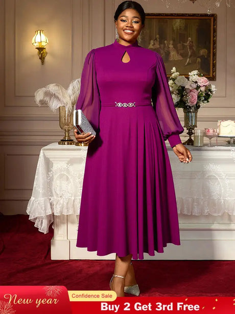 AOMEIDRESS Elegant A Line Midi Dress for Party Church Sheer Sleeve Purple / S