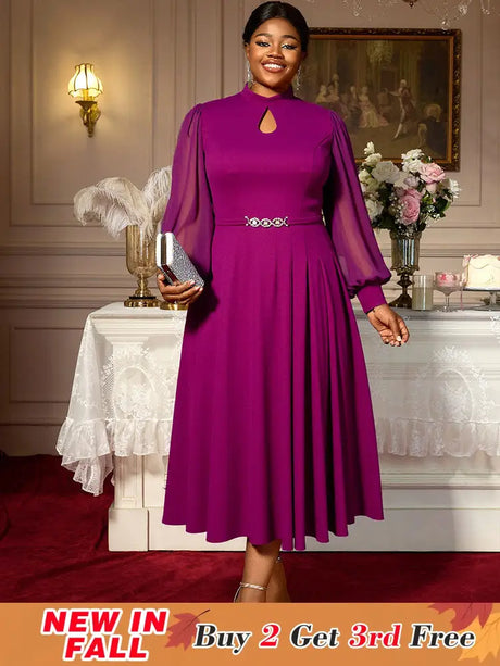AOMEIDRESS Elegant A Line Midi Dress for Party Church Sheer Sleeve Purple / S