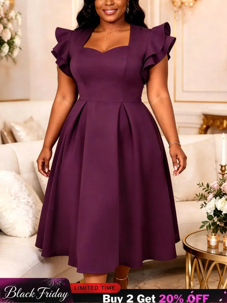 AOMEIDRESS Elegant A Line Midi Dress Sweetheart Neck Ruffle Sleeves - PurpleRed / L