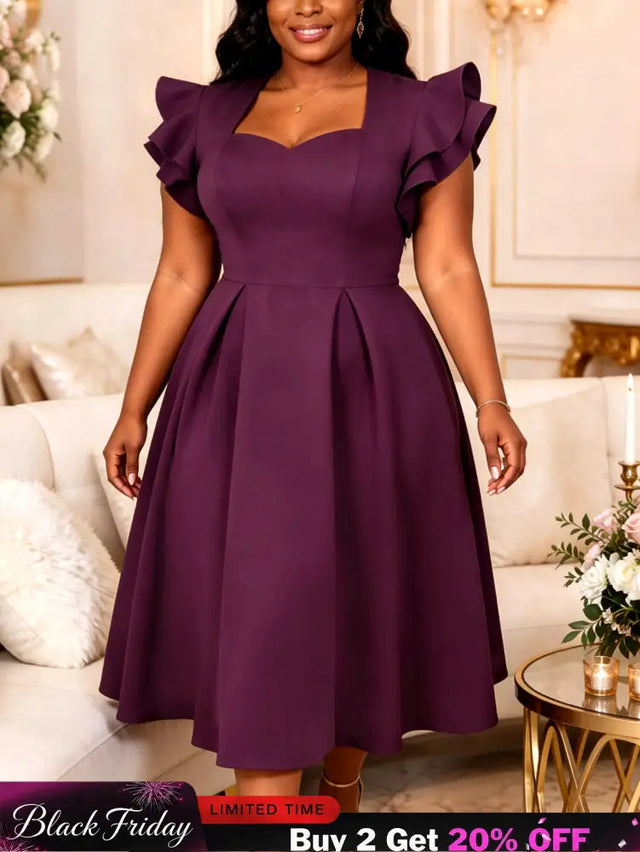AOMEIDRESS Elegant A Line Midi Dress Sweetheart Neck Ruffle Sleeves - PurpleRed / L