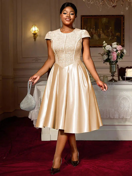 AOMEIDRESS Elegant A Line Midi Jacquard Wedding Dress Patchwork Satin Skirt Khaki / L