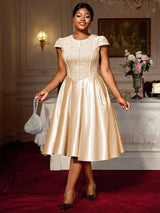 AOMEIDRESS Elegant A Line Midi Jacquard Wedding Dress Patchwork Satin Skirt Khaki / L