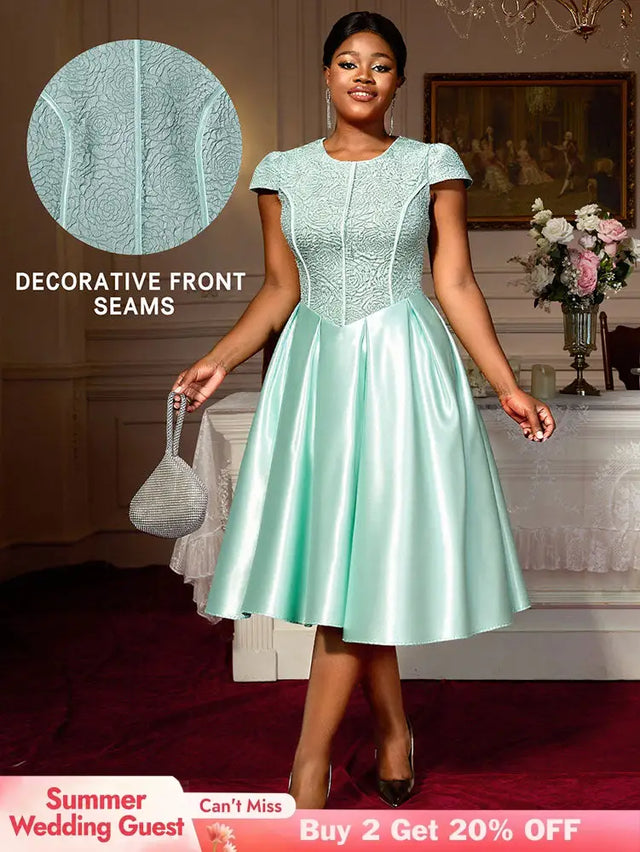 AOMEIDRESS Elegant A Line Midi Jacquard Wedding Dress Patchwork Satin Skirt LightGreen / S