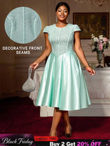 AOMEIDRESS Elegant A Line Midi Jacquard Wedding Dress Patchwork Satin Skirt LightGreen / S