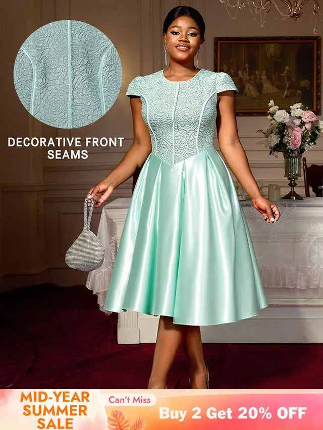 AOMEIDRESS Elegant A Line Midi Jacquard Wedding Dress Patchwork Satin Skirt LightGreen / S