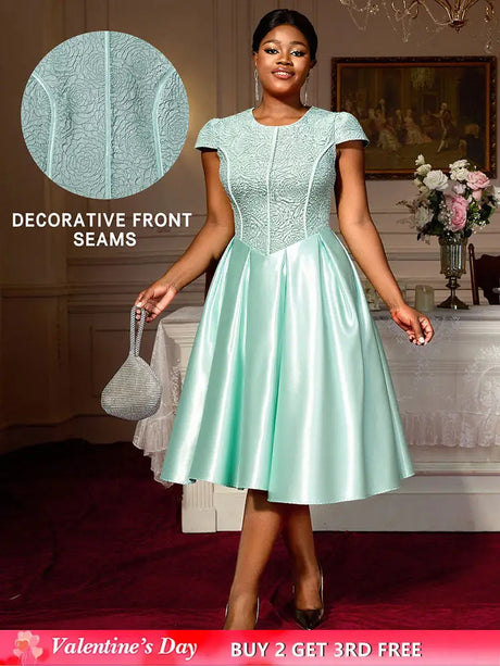 AOMEIDRESS Elegant A Line Midi Jacquard Wedding Dress Patchwork Satin Skirt LightGreen / S