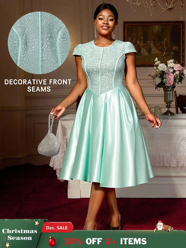 AOMEIDRESS Elegant A Line Midi Jacquard Wedding Dress Patchwork Satin Skirt LightGreen / S