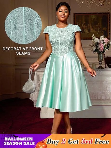 AOMEIDRESS Elegant A Line Midi Jacquard Wedding Dress Patchwork Satin Skirt LightGreen / S