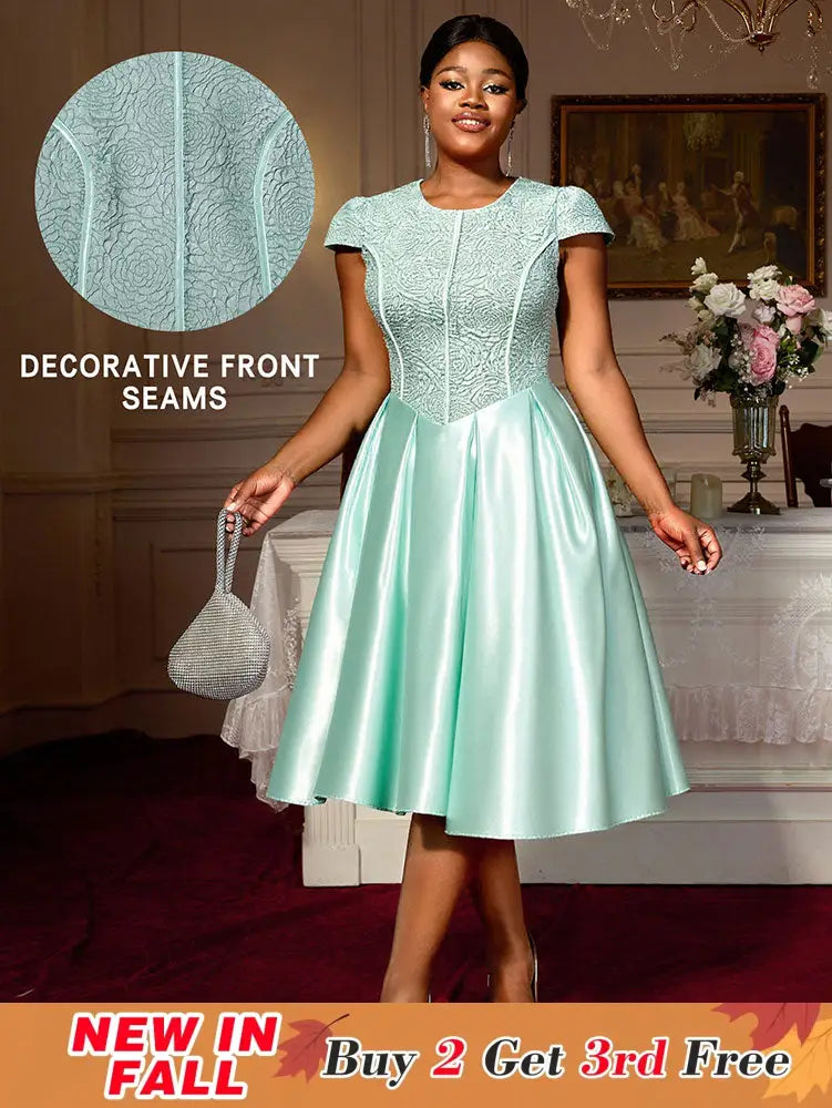 AOMEIDRESS Elegant A Line Midi Jacquard Wedding Dress Patchwork Satin Skirt LightGreen / S