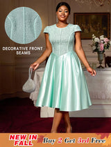 AOMEIDRESS Elegant A Line Midi Jacquard Wedding Dress Patchwork Satin Skirt LightGreen / S
