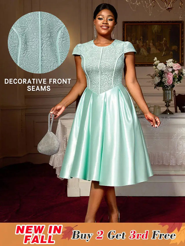 AOMEIDRESS Elegant A Line Midi Jacquard Wedding Dress Patchwork Satin Skirt LightGreen / S