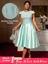 AOMEIDRESS Elegant A Line Midi Jacquard Wedding Dress Patchwork Satin Skirt LightGreen / S