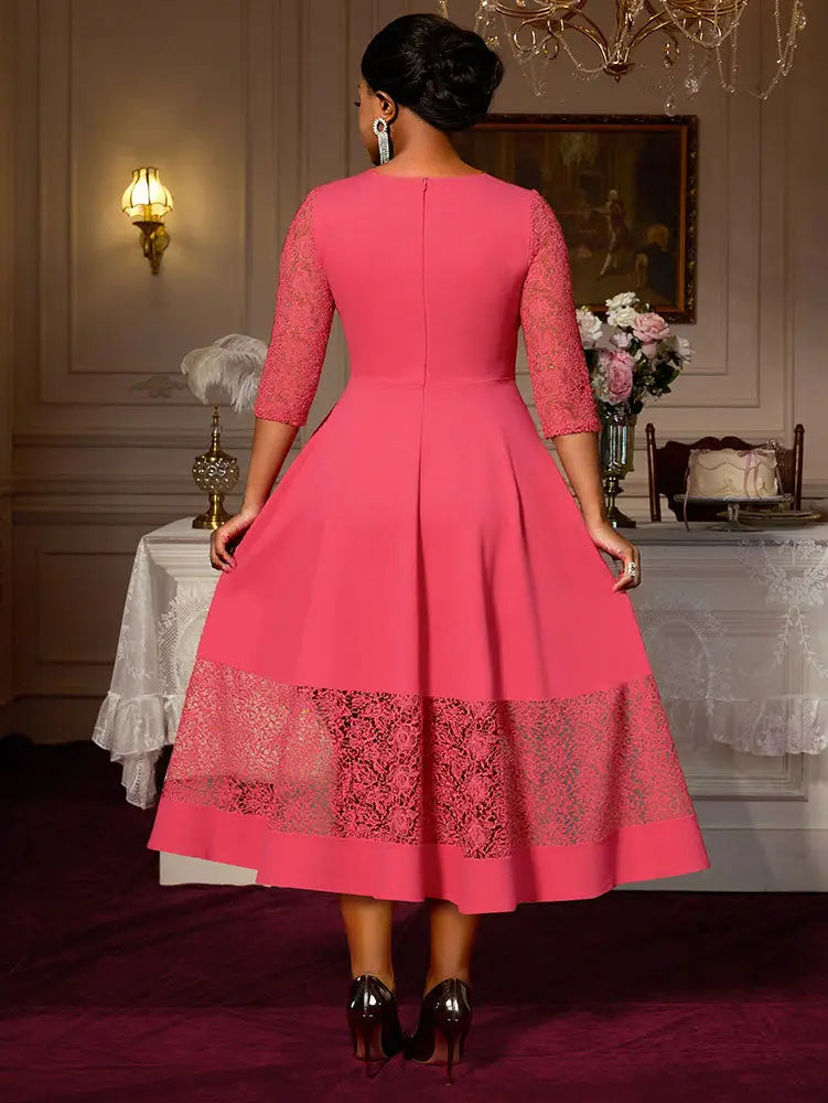 AOMEIDRESS Elegant A Line Midi Lace Dress for Party Church Waist Belt