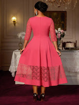 AOMEIDRESS Elegant A Line Midi Lace Dress for Party Church Waist Belt