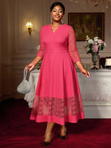 AOMEIDRESS Elegant A Line Midi Lace Dress for Party Church Waist Belt