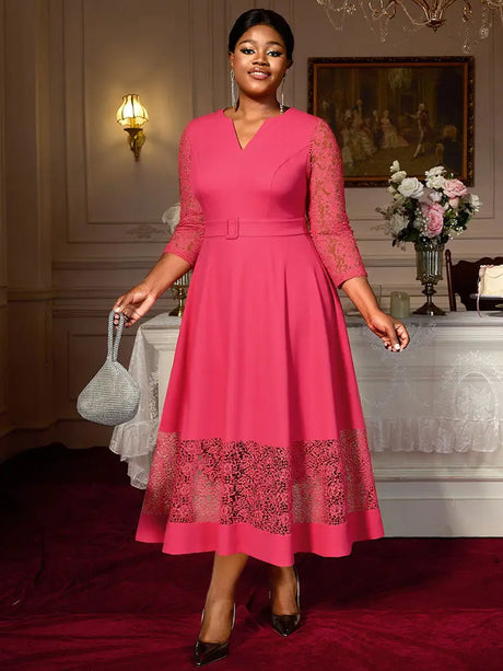 AOMEIDRESS Elegant A Line Midi Lace Dress for Party Church Waist Belt