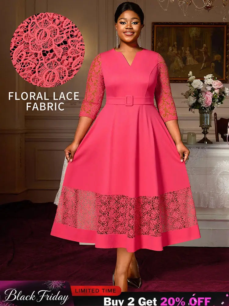 AOMEIDRESS Elegant A Line Midi Lace Dress for Party Church Waist Belt WatermelonRed / S