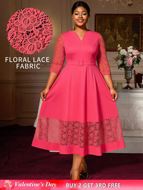 AOMEIDRESS Elegant A Line Midi Lace Dress for Party Church Waist Belt WatermelonRed / S