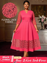 AOMEIDRESS Elegant A Line Midi Lace Dress for Party Church Waist Belt WatermelonRed / S