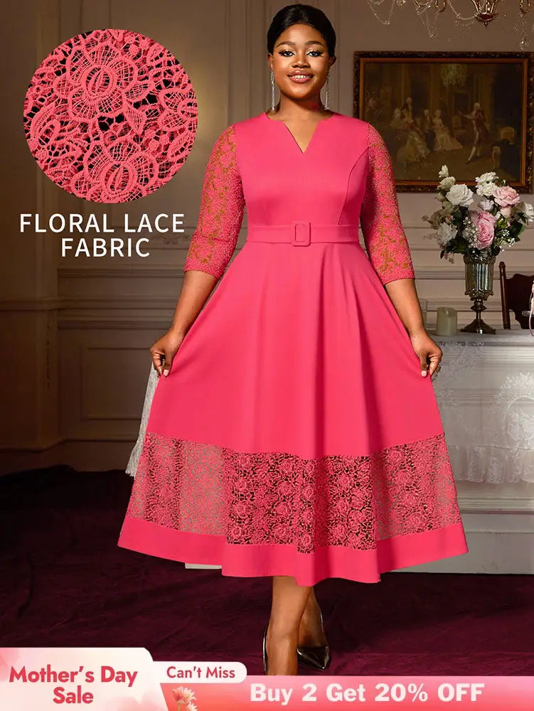 AOMEIDRESS Elegant A Line Midi Lace Dress for Party Church Waist Belt WatermelonRed / S