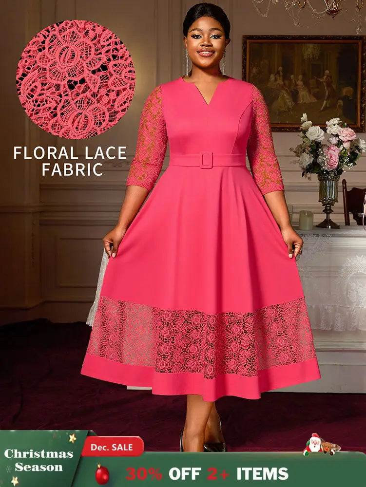 AOMEIDRESS Elegant A Line Midi Lace Dress for Party Church Waist Belt WatermelonRed / S