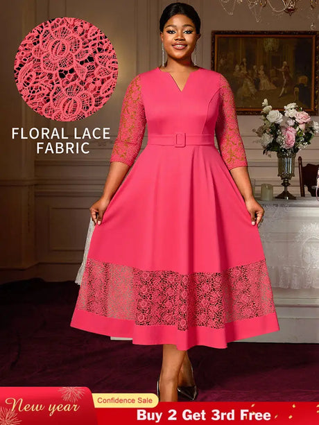 AOMEIDRESS Elegant A Line Midi Lace Dress for Party Church Waist Belt WatermelonRed / S