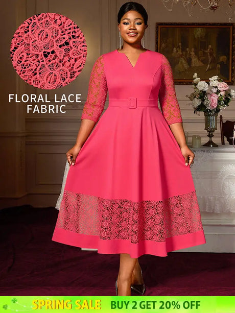 AOMEIDRESS Elegant A Line Midi Lace Dress for Party Church Waist Belt WatermelonRed / S