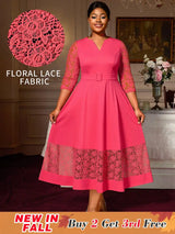 AOMEIDRESS Elegant A Line Midi Lace Dress for Party Church Waist Belt WatermelonRed / S