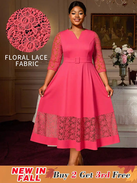 AOMEIDRESS Elegant A Line Midi Lace Dress for Party Church Waist Belt WatermelonRed / S