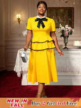 AOMEIDRESS Elegant A Line Midi Party Birthday Dress With Bow Ruffle Yellow / S