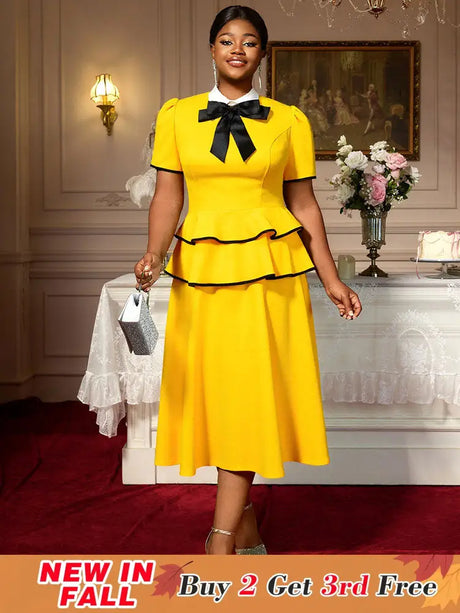 AOMEIDRESS Elegant A Line Midi Party Birthday Dress With Bow Ruffle Yellow / S
