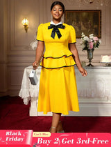 AOMEIDRESS Elegant A Line Midi Party Birthday Dress With Bow Ruffle Yellow / S