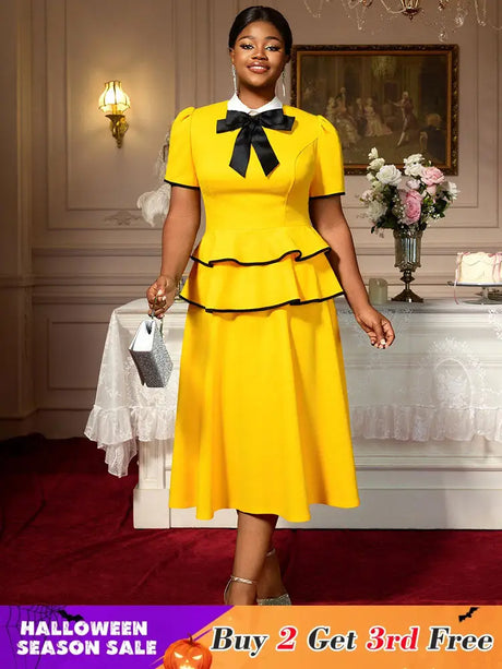 AOMEIDRESS Elegant A Line Midi Party Birthday Dress With Bow Ruffle Yellow / S