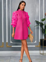 AOMEIDRESS Elegant A Line Mini Dress Folds Puff Sleeves Front Zipper