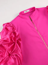 AOMEIDRESS Elegant A Line Mini Dress Folds Puff Sleeves Front Zipper