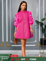 AOMEIDRESS Elegant A Line Mini Dress Folds Puff Sleeves Front Zipper Rose / S