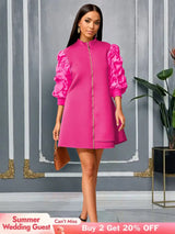 AOMEIDRESS Elegant A Line Mini Dress Folds Puff Sleeves Front Zipper Rose / S