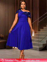 AOMEIDRESS Elegant A Line One Shoulder Sequins Dress for Party Evening Blue / S