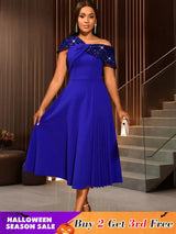 AOMEIDRESS Elegant A Line One Shoulder Sequins Dress for Party Evening Blue / S