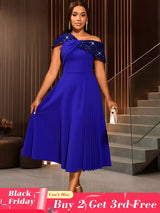 AOMEIDRESS Elegant A Line One Shoulder Sequins Dress for Party Evening Blue / S