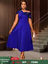 AOMEIDRESS Elegant A Line One Shoulder Sequins Dress for Party Evening Blue / S