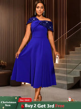 AOMEIDRESS Elegant A Line One Shoulder Sequins Dress for Party Evening Blue / S