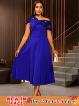 AOMEIDRESS Elegant A Line One Shoulder Sequins Dress for Party Evening Blue / S
