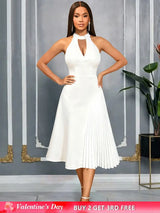 AOMEIDRESS Elegant A Line Pleated Dress Halter Neck for Party Wedding White / S