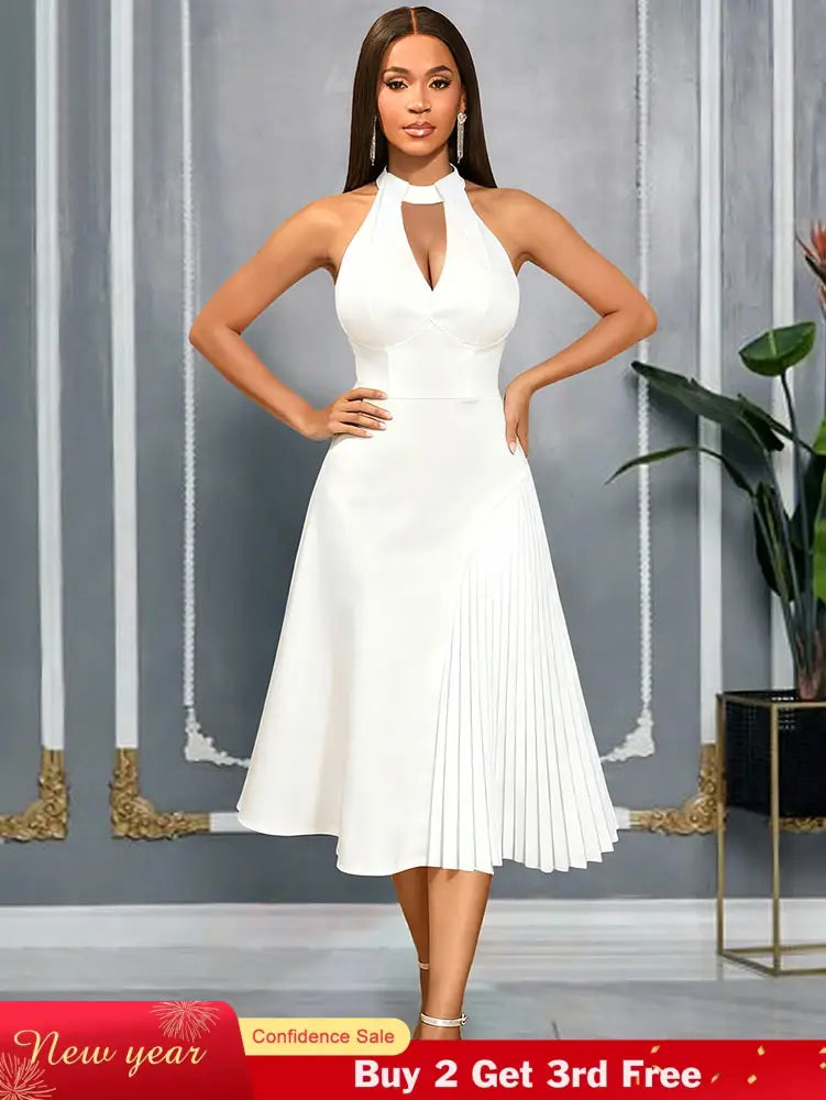 AOMEIDRESS Elegant A Line Pleated Dress Halter Neck for Party Wedding White / S