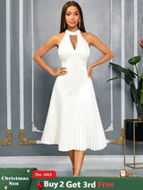 AOMEIDRESS Elegant A Line Pleated Dress Halter Neck for Party Wedding White / S