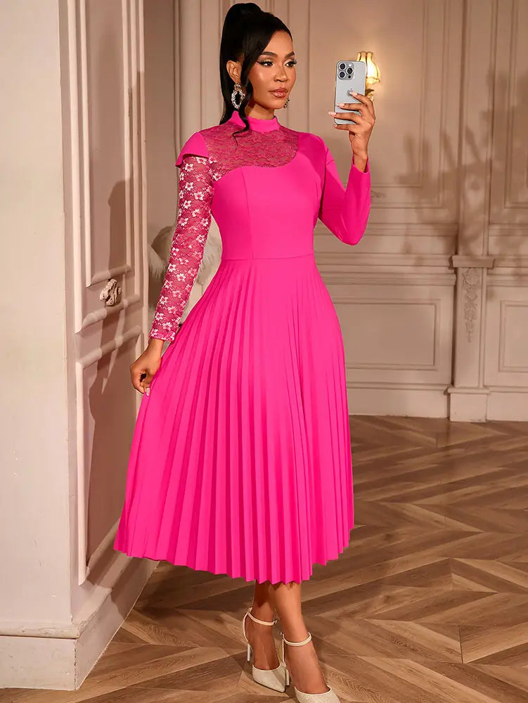 AOMEIDRESS Elegant A Line Pleated Dress Lace Long Sleeves Party Wear