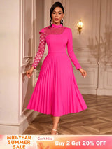 AOMEIDRESS Elegant A Line Pleated Dress Lace Long Sleeves Party Wear Rose / S