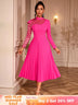 AOMEIDRESS Elegant A Line Pleated Dress Lace Long Sleeves Party Wear Rose / S