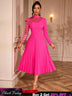 AOMEIDRESS Elegant A Line Pleated Dress Lace Long Sleeves Party Wear Rose / S